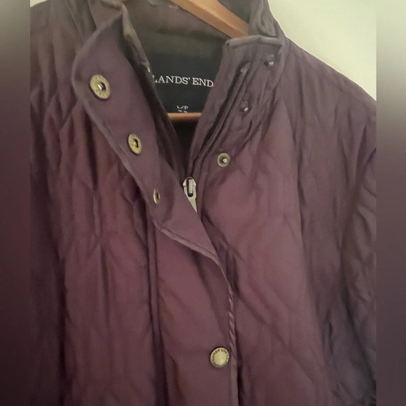 Land’s End Quilted Dark Purple Primaloft full snap front long coat, size LP - Picture 2 of 4